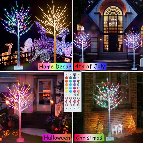 Pooqla 5 ft RGB Lighted Birch Tree with 35 Colors & Remote Control - Indoor Outdoor Christmas Tree