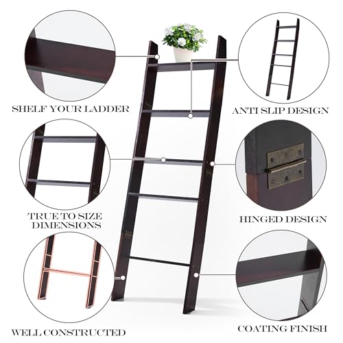 5-Tier Wooden Blanket Ladder - 58-Inch Leaning Quilt Rack for Living Room