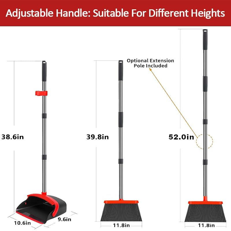 Broom and Dustpan Set (2-Pack) with 52" Adjustable Handle & Self-Cleaning Teeth