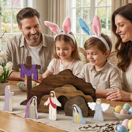 Wooden Easter Resurrection Scene Decor - 9-Piece Empty Tomb Cross Set