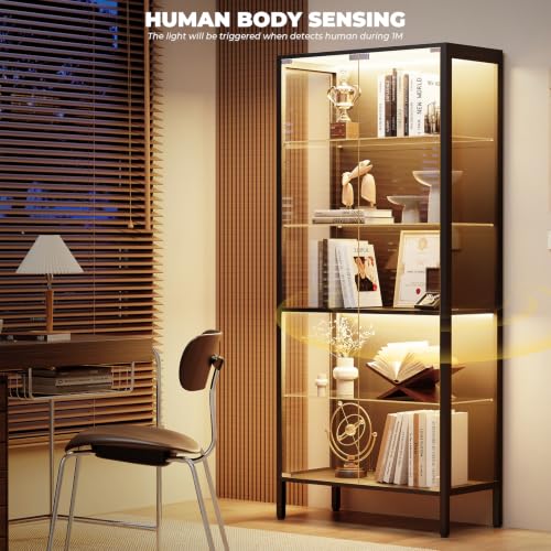 5-Tier Glass Display Cabinet with Adjustable Shelves and Motion Sensor LED