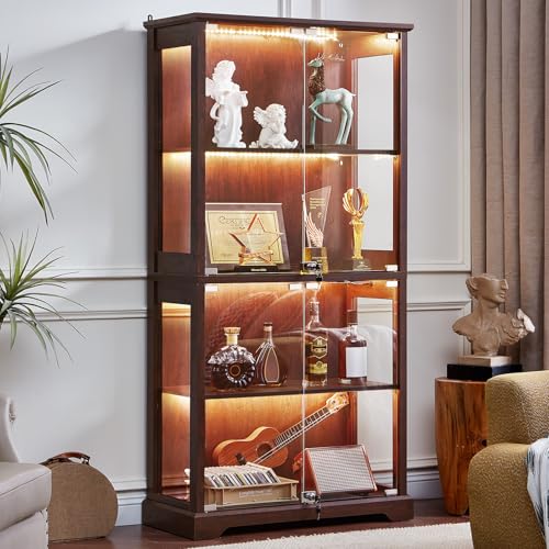Glass Display Cabinet with Lock and Motion-Sensor LED Lights, Walnut