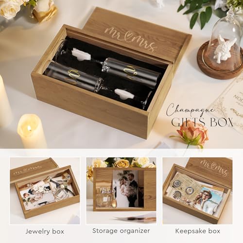 Mr and Mrs Champagne Flutes Set with Wooden Gift Box for Weddings