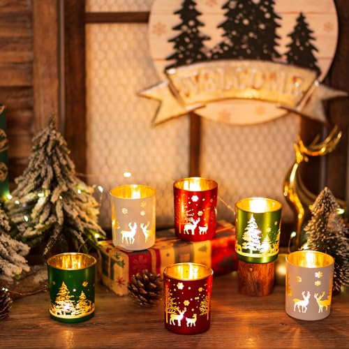 Christmas Glass Votive Candle Holders Set of 6 - Festive Tealight Holders