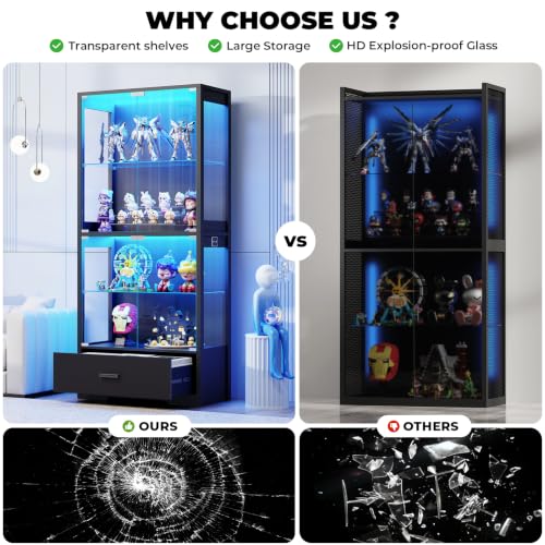 4-Tier Glass Display Cabinet with LED Lights and Drawer, Black