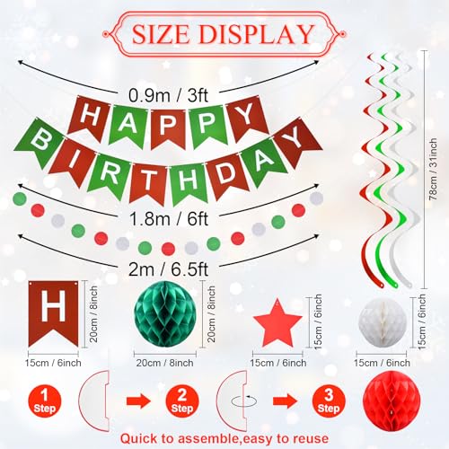 Christmas Birthday Party Decorations 34-Piece Set: Banner, Honeycomb Balls, Swirl Stars & Garlands