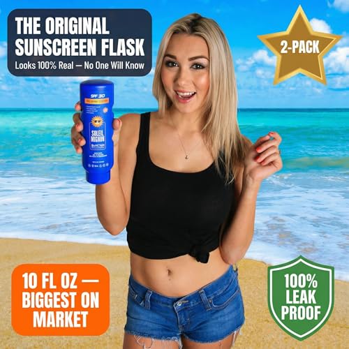 Soleil Mignon 2-Pack Travel Discreet Sunscreen Flask 10oz Leakproof Liquor Bottles with Funnel