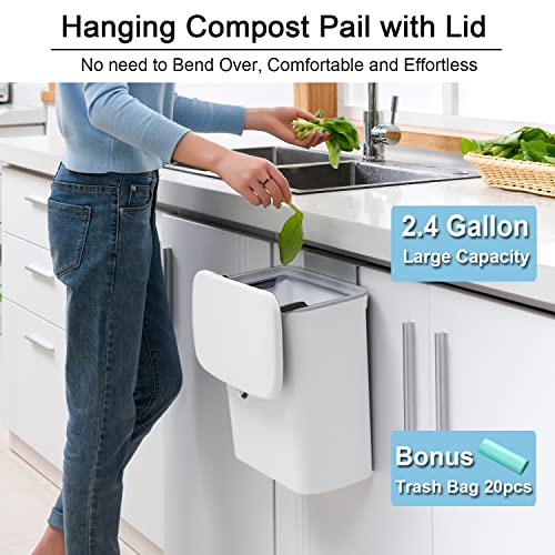 2.4 Gallon Kitchen Compost Bin with Lid Hanging Countertop Trash Can White