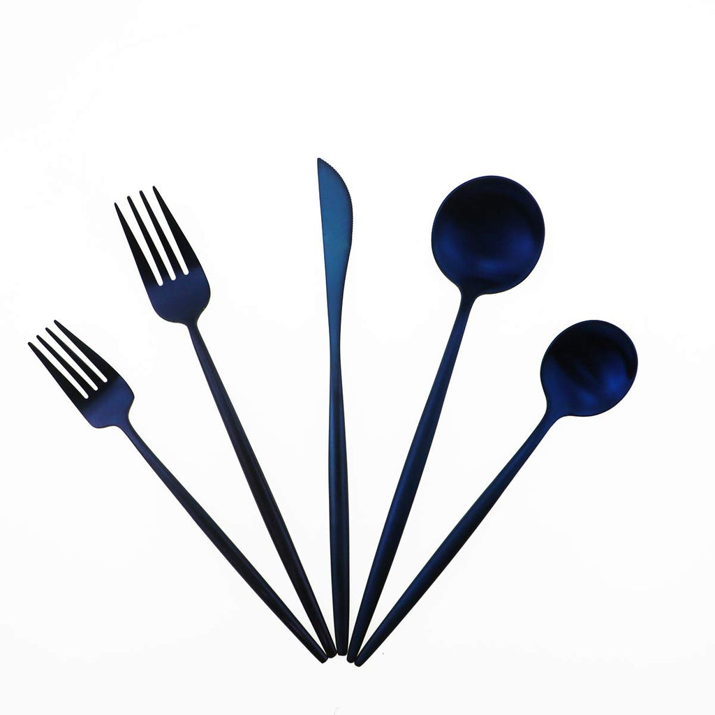 Matte Blue Gugrida 5-Piece 18/10 Stainless Steel Silverware Set, Satin Finish Flatware, Kitchen Utensils, Tableware Travel Cutlery for Camping, Office or School Lunch, Dishwasher Safe