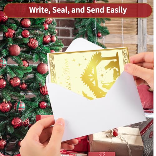 Religious Christmas Cards Set with Envelopes & Stickers - Gold Foil Embossed 5x7in (Religious Style, 24 Pack)