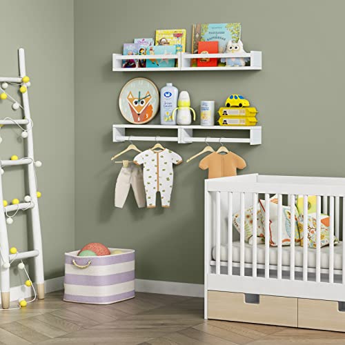 Floating Nursery Book Shelves - Set of 4 White Wood Wall Shelves for Kids Room