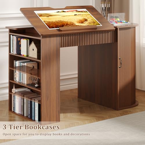 Adjustable Drafting Table with Storage, Drawing Desk with USB Charging Station