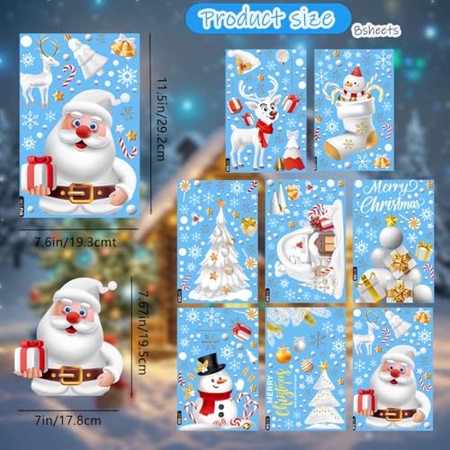 Christmas Window Clings Set - 8 Sheets Double-Sided Holiday Decorations with Santa, Snowman, Moose & Snowflake for Glass Doors & Windows