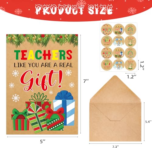 Kraft Christmas Thank You Cards for Teachers - 12 Pack Holiday Appreciation Cards with Envelopes & Stickers