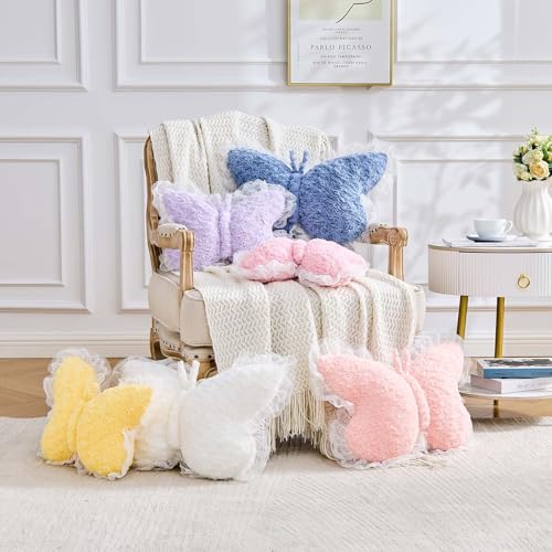 Butterfly Shaped Throw Pillow with Lace Trim, Soft Plush Decorative Cushion