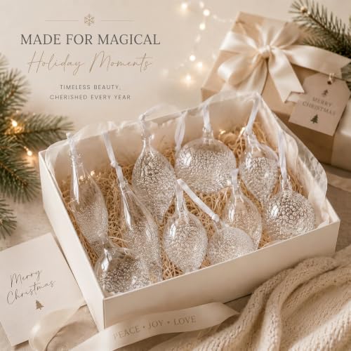 Seenelling 10 Pcs Clear Glass Finial Christmas Ornaments with White Velvet Ribbons - Classic & Vintage Style