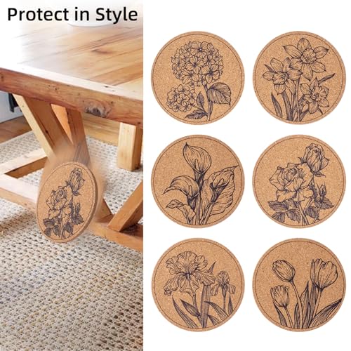 Staruby Flower Cork Coasters Set of 12 - Absorbent Non-Slip Drink Coasters, 4 Inch Decorative Table Protectors - Variation: Flower 01