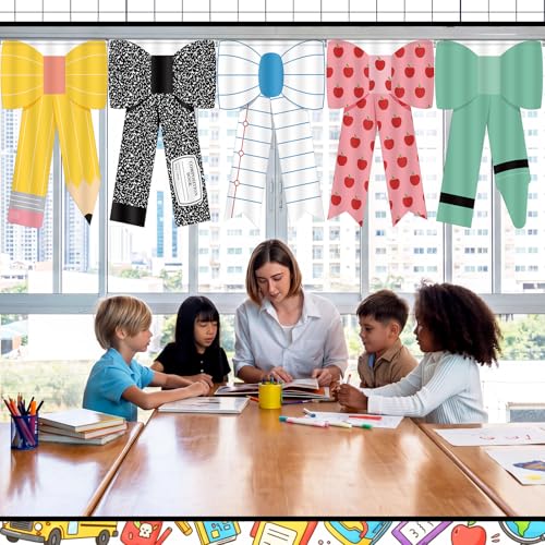 6-Piece School Classroom Window Curtains, Pencil & Apple Print, 36 x 24 In