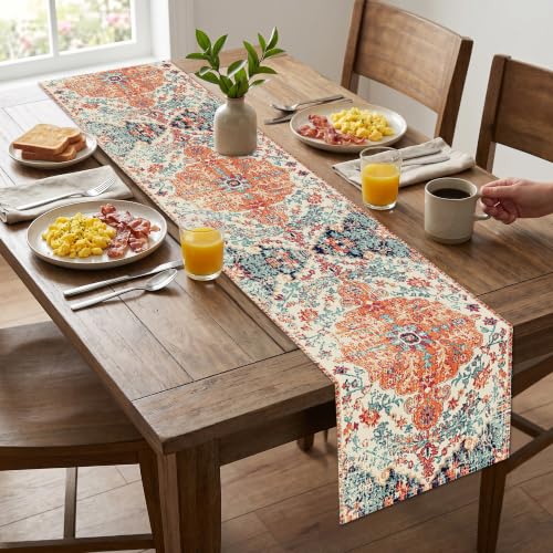 Kerton Stork Orange Blue 13x72 Inch Boho Table Runner, Linen Waterproof
