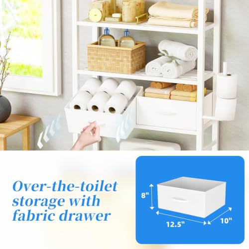 4-Tier Over The Toilet Storage Shelf with Drawers and Metal Hooks, White