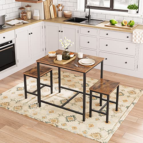3-Piece Industrial Dining Table Set with Two Stools - Rustic Brown