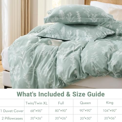 Reversible Green Floral Duvet Cover Set Queen - 3-Piece Microfiber Bedding