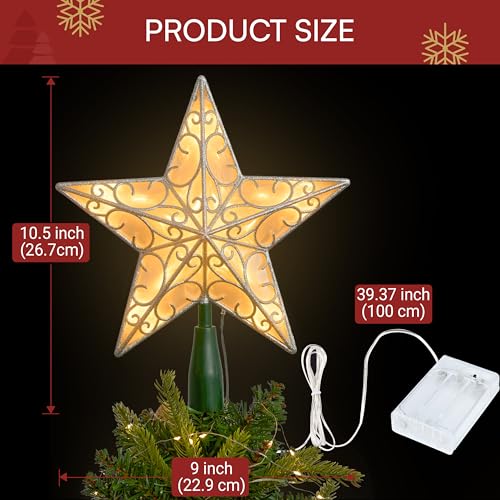 Joiedomi Silver 9 Inch Christmas Tree Topper with Warm White Lights - Holiday Decor