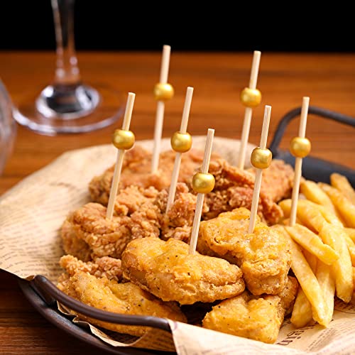 200 Pcs 4.7-Inch Bamboo Cocktail Picks with Gold Ball for Appetizers