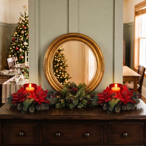 Faux Poinsettia Berry and Red Glass Candle Holders - 17.5" Christmas Centerpieces, 2 Pack