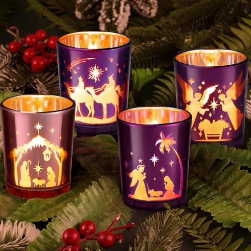 Nativity Scene Glass Advent Tealight Candle Holders - 4 Pack (Purple & Pink)