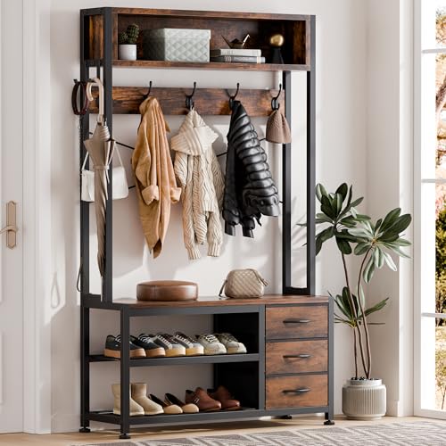 6-in-1 Entryway Hall Tree with Bench, 3 Drawers, and 12 Coat Hooks
