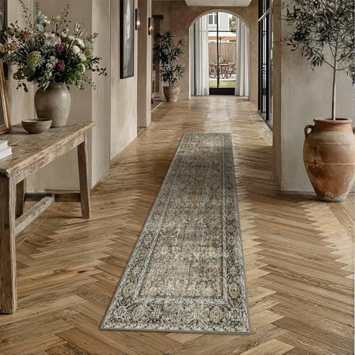 Vintage Distressed Brown Runner Rug 3x7, Washable Non-Slip Hallway Carpet