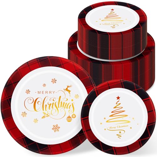 Vesici Black and Red 50 Pack Christmas Disposable Plates Buffalo Plaid 7.5 & 10.25 Inch