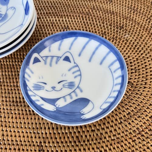 Japanese Ceramic Cat Design Small Plate Set for Soy Sauce & Desserts - Minoyaki, 4 Pcs