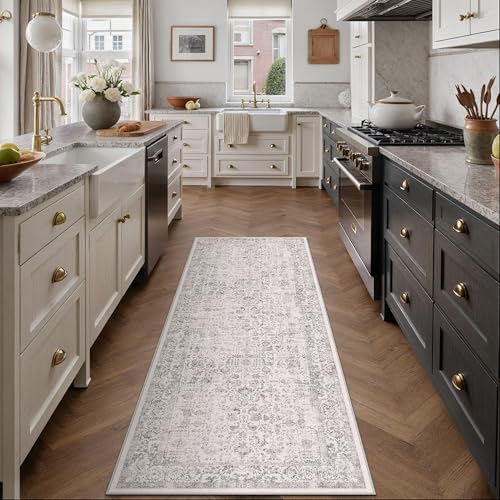Vintage Floral Runner Rug 2x6, Washable Non-Slip Neutral Farmhouse Carpet