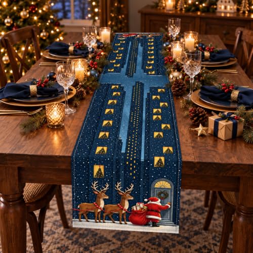 Bigwish Christmas Night Santa Reindeer Table Runner 13 x 90 Inch Holiday Decor