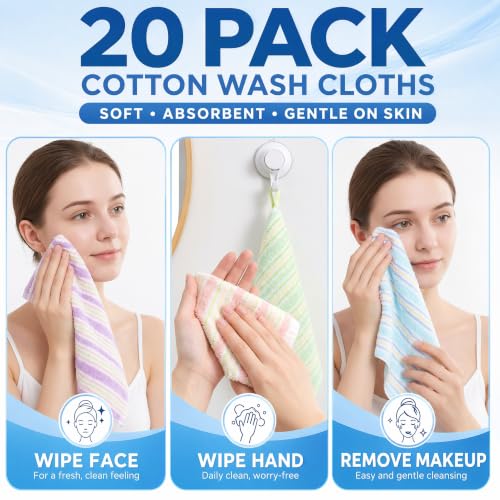 20-Pack Cotton Washcloths, 10x10 Inch Soft Reusable Face Towels
