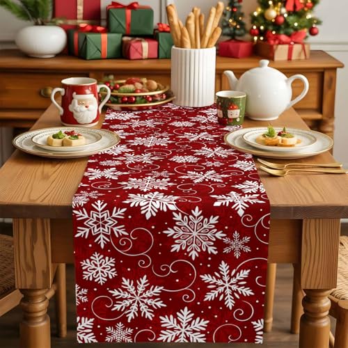 Onekaccu 13x36 Inch Red Snowflakes Table Runner for Holiday Dining Decor