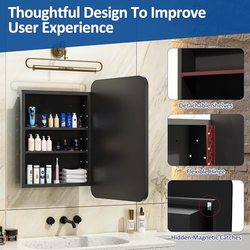16x24 Inch Metal Framed Medicine Cabinet with Mirror, Recessed or Wall Mount