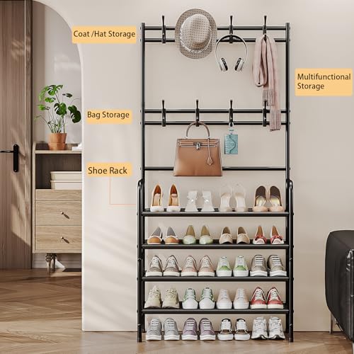 4-Tier Metal Hall Tree with Shoe Rack and Coat Hooks, Freestanding Organizer