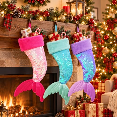 DearSun 3pcs Reversible Sequin Mermaid Tail Christmas Stockings - Pink, Blue, Purple, 25"