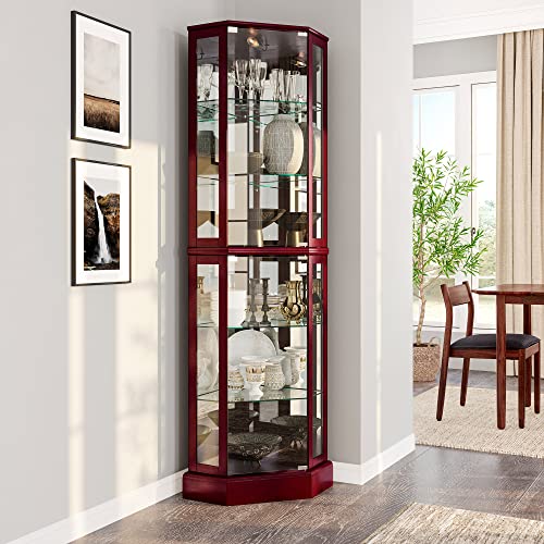 Corner Curio Cabinet with Glass Doors, Lighted Display Shelf, 6 Adjustable Shelves