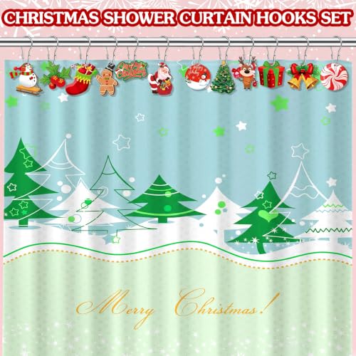 Christmas Shower Curtain Hooks 24 Sets (48 Pieces) Wood & Metal Xmas Ring Clips