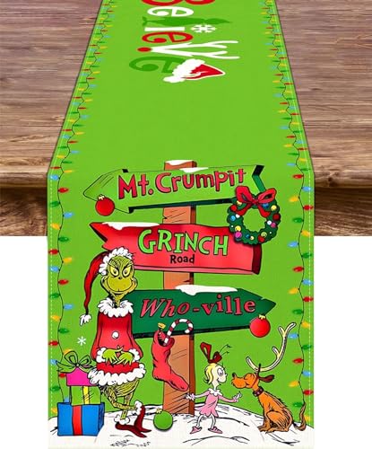 Pudodo Christmas Table Runner Green 13 x 108in - Linen Festive Holiday Decor