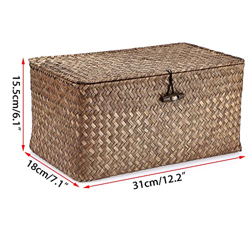 Handwoven Seagrass Storage Basket with Lid Medium Rectangular Shelf Bin