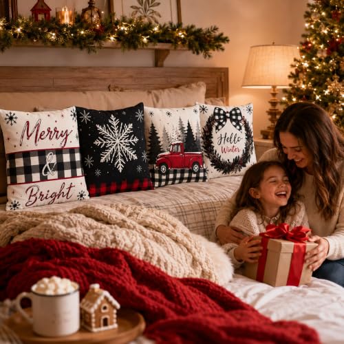 OHOME Christmas Decorations - Set of 4 Double-Sided Print Pillow Covers, Red & Black