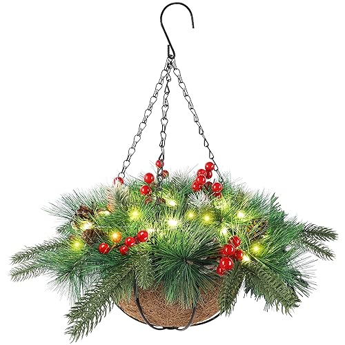 Pre-Lit Artificial Christmas Hanging Basket with LED Lights and Timer