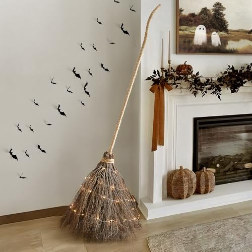 6FT Lighted Witch Broom Halloween Decoration - Rustic Real Twig Porch Decor