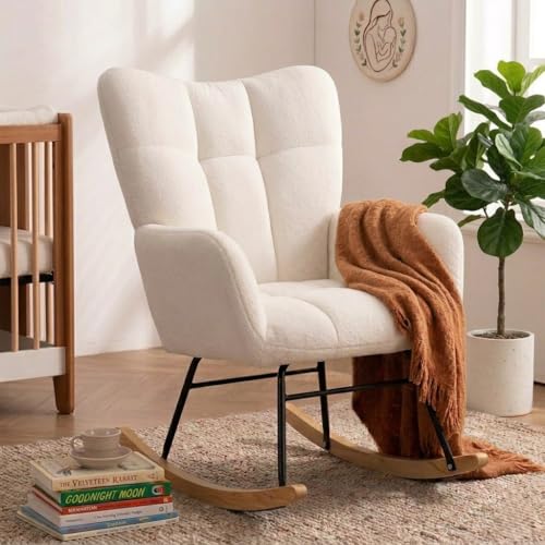 Nursery Rocking Chair with Cotton Fabric, Padded Seat & Anti-Tip Design
