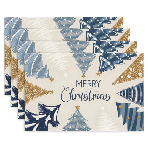 Merry Christmas Placemats Set of 4 - 12x18 in with Christmas Trees (Blue/White) by Taskoge